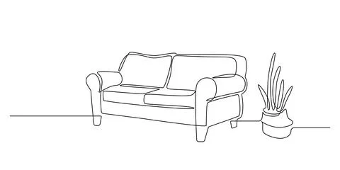 One Continuous line drawing of Interior with sofa and cactus plant. Modern home Stock Illustration