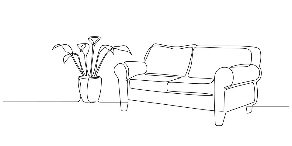 One Continuous line drawing of Interior with sofa and tropical plant. Modern Stock Illustration