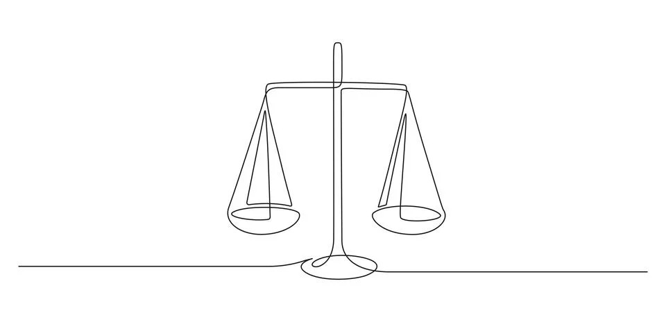 One continuous line drawing of law balance and scale of justice. Symbol of Stock Illustration