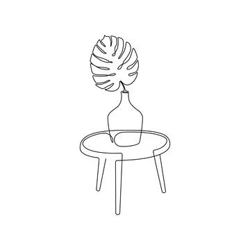 One continuous line drawing of leaf monstera in vase on the table. Linear Stock Illustration