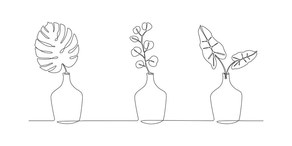 One continuous line drawing of leaves plants in vases. Stylish scandinavian Stock Illustration