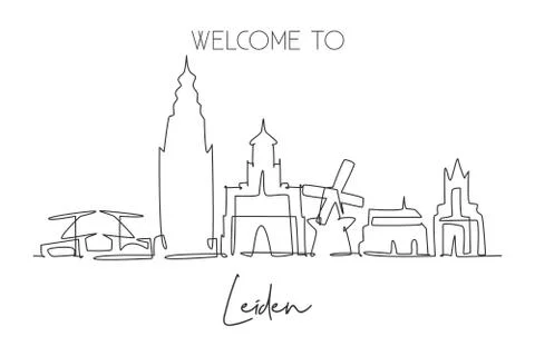 One continuous line drawing of Leiden city skyline, Netherlands イラスト素材