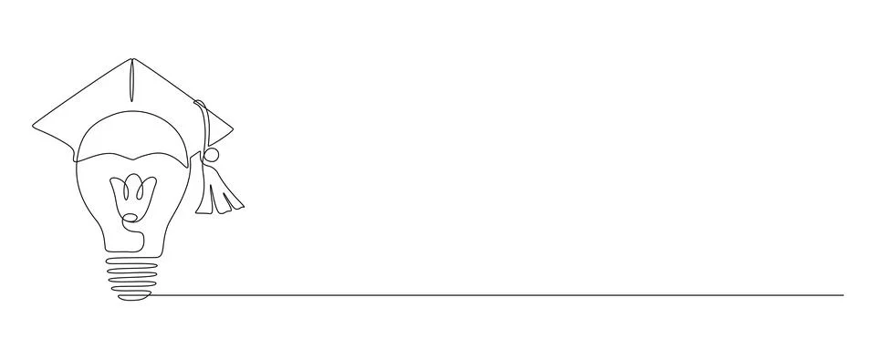 One continuous line drawing of Light Bulb with Graduation Hat. Lightbilb lamp Stock Illustration