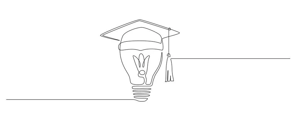 One continuous line drawing of Light Bulb with Graduation Hat. Lightbulb lamp Stock Illustration