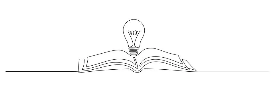 One continuous line drawing of light bulb above book. Knowledge and creative Stock Illustration
