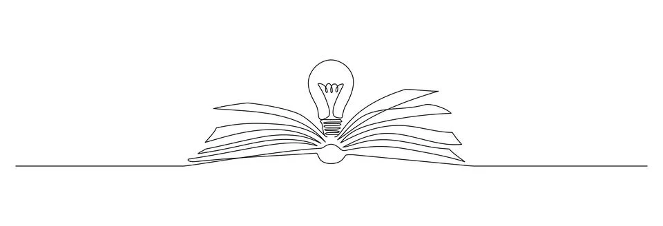 One continuous line drawing of light bulb above book. Knowledge and creative Stock Illustration