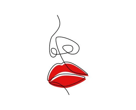 One continuous line drawing of lips with red lipstick. Modern face portrait of Stock Illustration
