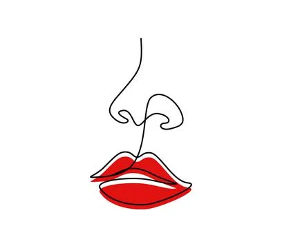 One continuous line drawing of lips with red lipstick. Abstract face portrait of Stock Illustration