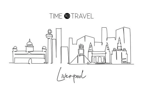 One continuous line drawing Liverpool city skyline. Beautiful Merseyside city Illustrazione stock