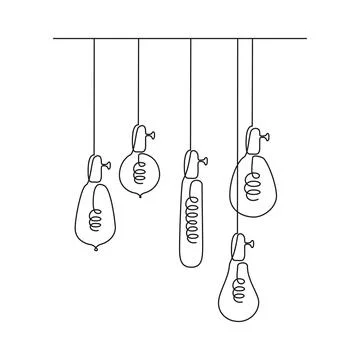 One continuous line drawing of Loft lightbulbs. Vector illustration of Hanging Stock Illustration