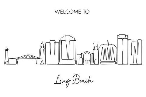 One continuous line drawing of Long Beach City Skyline. Simple line art Stock Illustration