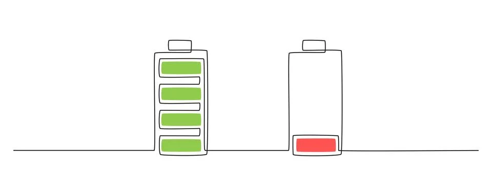 One continuous line drawing of low and full charge battery. Mental health Stock Illustration