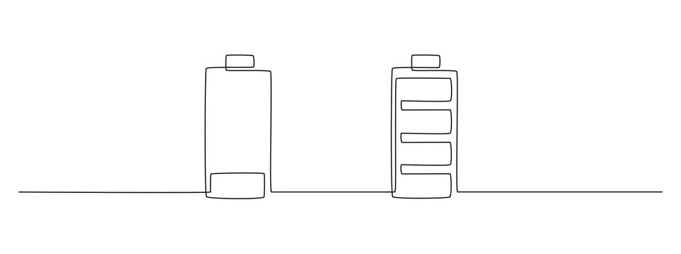 One continuous line drawing of low and full charge battery. Mental health Stock Illustration