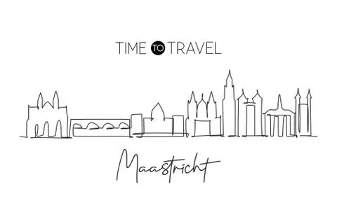 One continuous line drawing of Maastricht city skyline, Netherlands Stock Illustration