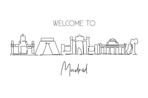One continuous line drawing of Madrid city skyline, Spain Stock Illustration