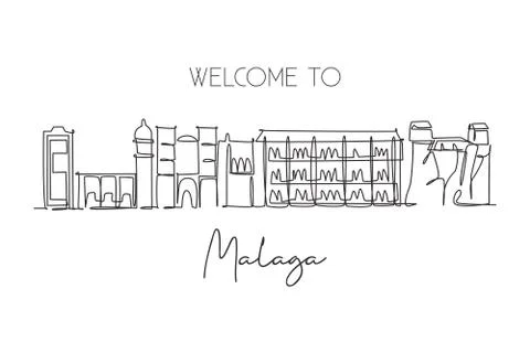 One continuous line drawing Malaga city skyline, Spain. Beautiful skyscraper Illustrazione stock
