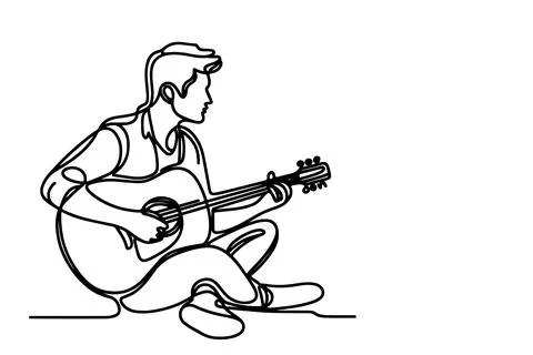 One continuous line drawing of man playing the guitar outline doodle on whi.. Stock Illustration