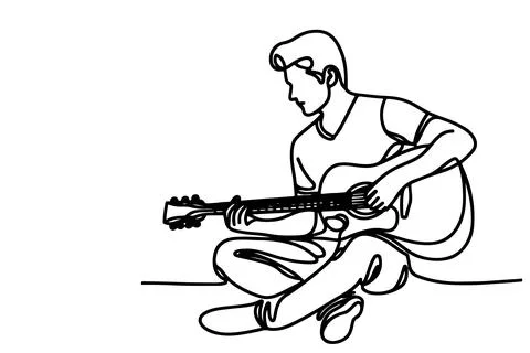 One continuous line drawing of man playing the guitar outline doodle on whi.. Stock Illustration