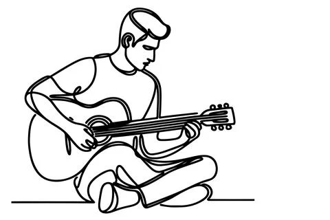 One continuous line drawing of man playing the guitar outline doodle on whi.. Stock Illustration