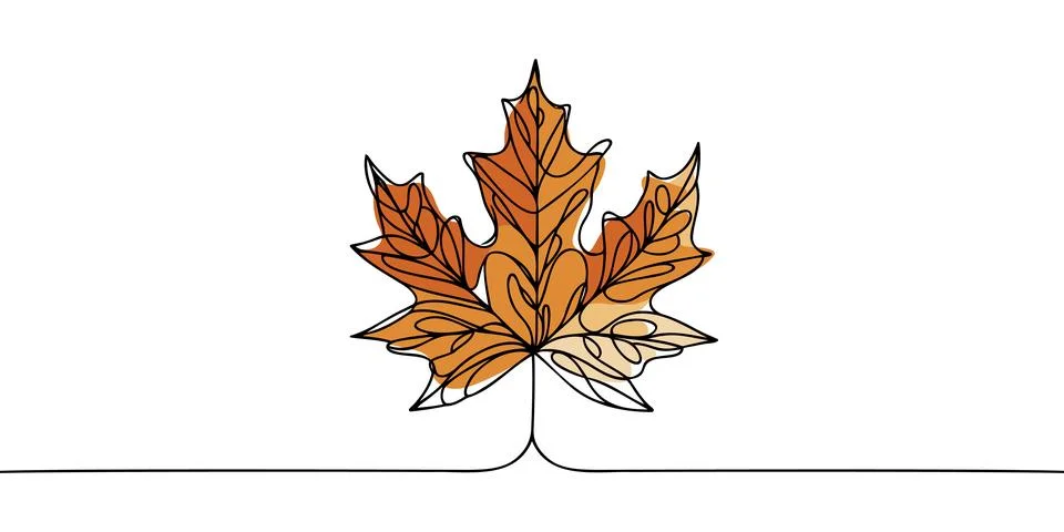One continuous line drawing of maple leaf. Maple leaf line art in autumn. C.. Stock Illustration
