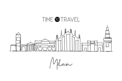 One continuous line drawing of Milan city skyline Italy. Beautiful skyscraper Stock Illustration