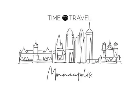 One continuous line drawing Minneapolis city skyline, United States 스톡 일러스트