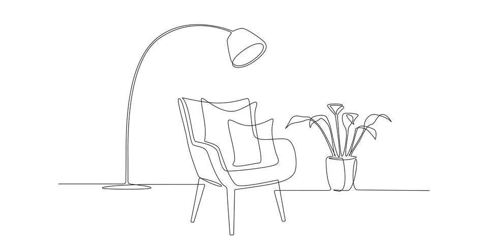 One continuous line drawing of modern armchair and plant and lamp. Stylish Stock Illustration