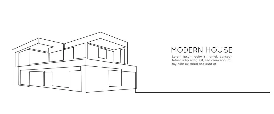 One continuous line drawing of modern house with minimalist architecture. Trendy Stock Illustration