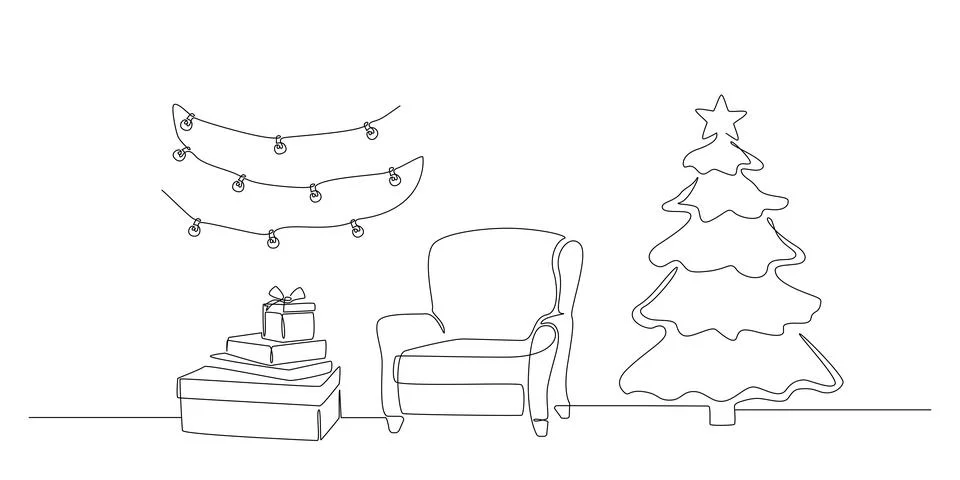 One continuous Line drawing of modern interior with armchair and christmas tree Stock Illustration