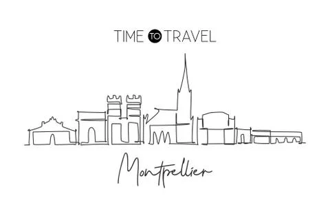 One continuous line drawing Montpellier city skyline. Beautiful skyscraper Stock Illustration