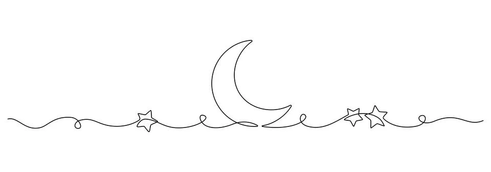 One continuous line drawing of Moon with stars. Ramadan Kareem banner in simple Stock Illustration