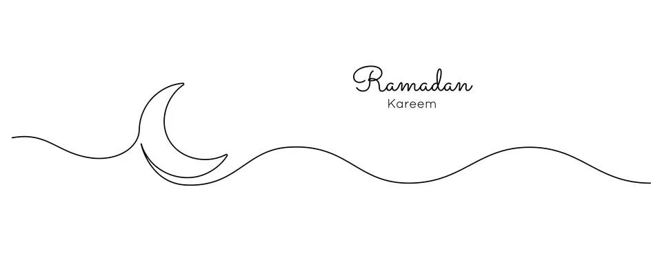 One continuous line drawing of Moon. Ramadan Kareem banner in simple linear Stock Illustration