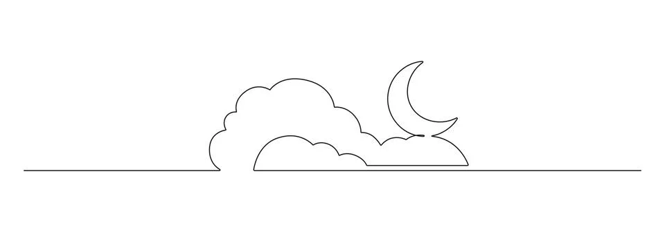 One continuous line drawing of Moon with cloud. Ramadan Kareem banner in simple Stock Illustration