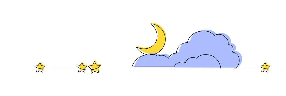 One continuous line drawing of Moon with cloud and stars. Sweet dream concept Stock Illustration