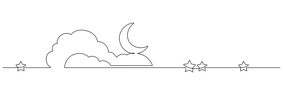 One continuous line drawing of Moon with cloud and stars. Sweet dream concept Stock Illustration