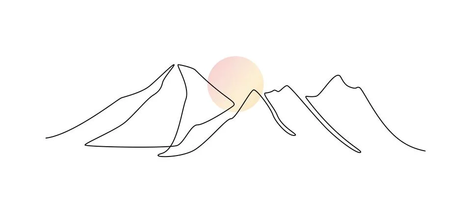 One continuous line drawing of mountain range landscape with color sun Stock Illustration