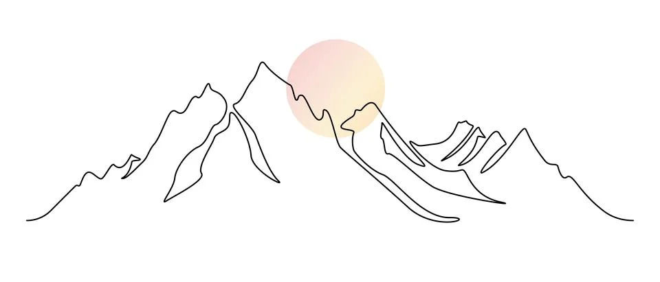 One continuous line drawing of mountain range landscape with color sun. Abstract Stock Illustration