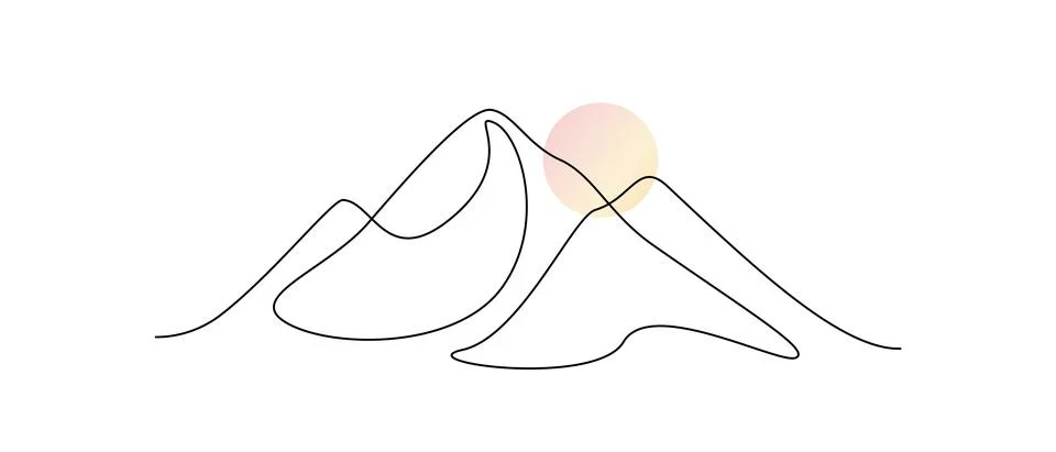 One continuous line drawing of mountain range landscape with color sun. Abstract Stock Illustration