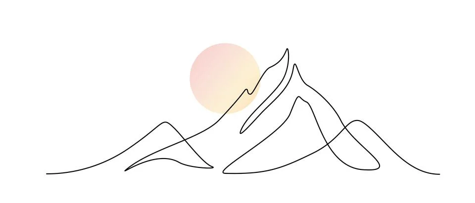 One continuous line drawing of mountain range landscape with color sun. Abstract Stock Illustration