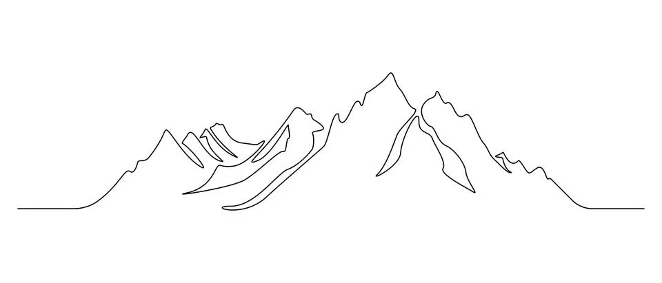 One continuous line drawing of mountain range landscape. Rocky peaks with snow Stock Illustration