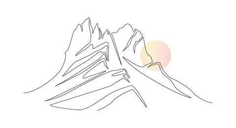 One continuous line drawing of mountain range landscape with color sun. Abstract Stock Illustration