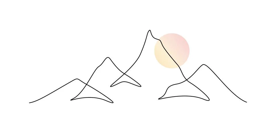 One continuous line drawing of mountain range landscape with color sun. Abstract Stock Illustration