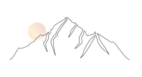 One continuous line drawing of mountain range landscape with color sun. Abstract Stock Illustration