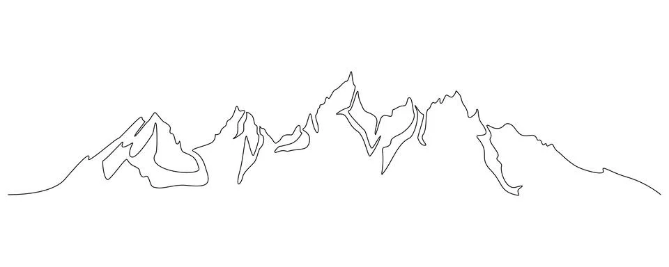 One continuous line drawing of mountain range landscape silhouette. Web banner Stock Illustration
