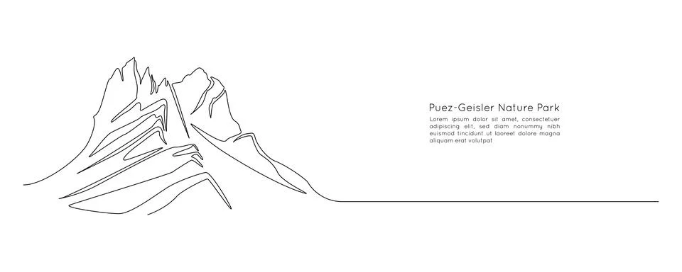 One continuous line drawing of mountain range landscape silhouette. Puez-Geisler Stock Illustration