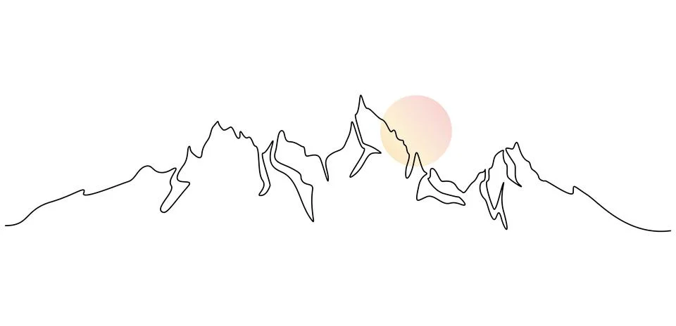 One continuous line drawing of mountain range landscape with color sun. Abstract Stock Illustration