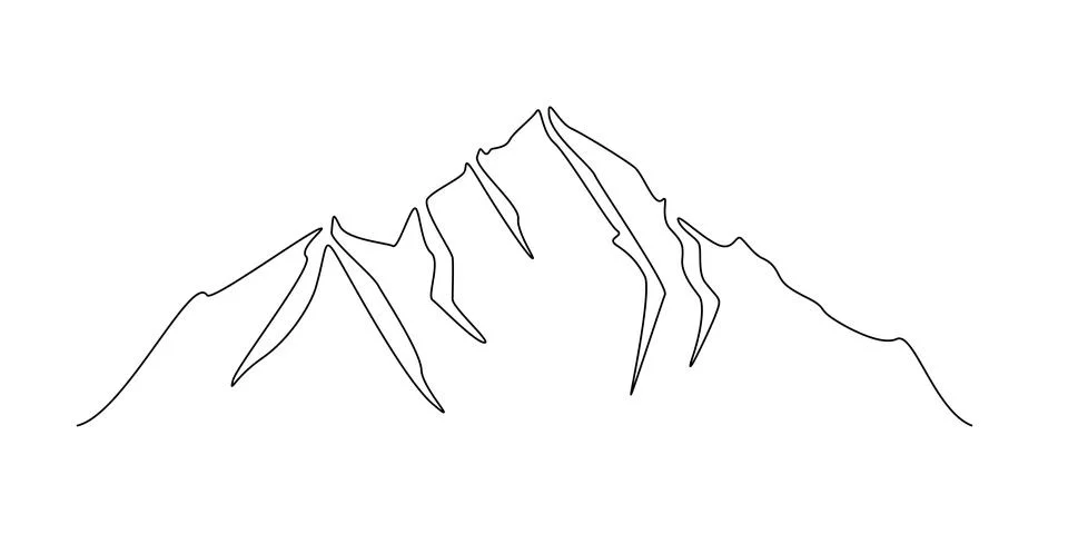 One continuous line drawing of mountain range landscape silhouette. Panorama Stock Illustration