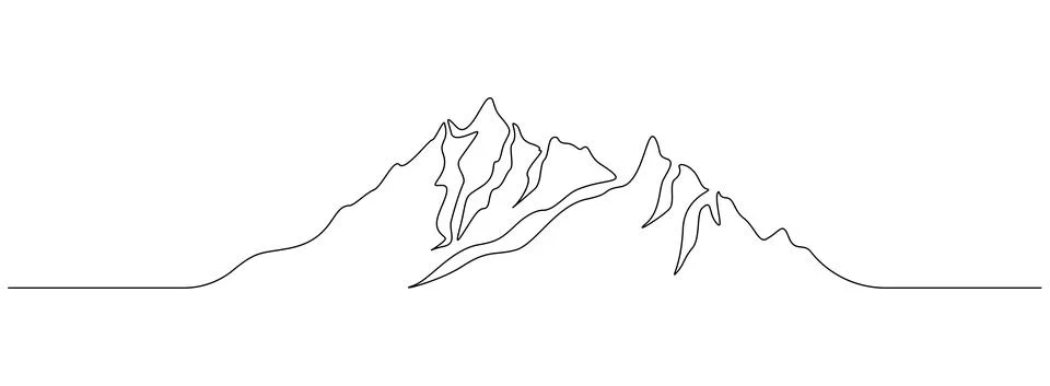 One continuous line drawing of mountain ridge landscape. Web banner with high Stock Illustration