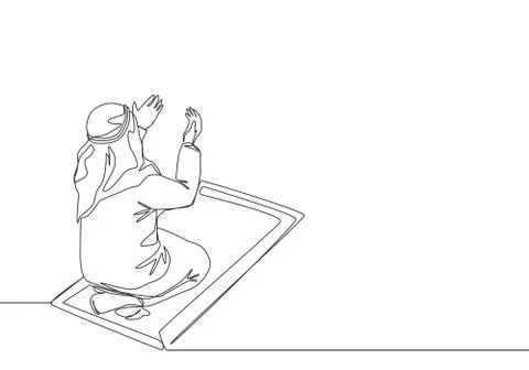 One continuous line drawing of muslim person raise and open hands praying Stock Illustration