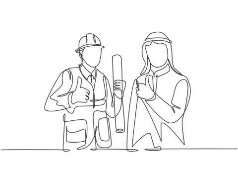 One continuous line drawing of muslim businessman and building constructor Stock Illustration